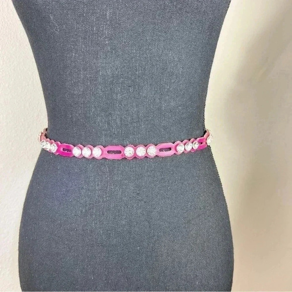 Teen Girl Rhinestone Belt Fuchsia Leather Chainlink Extension Silver Tone Belt - Picture 2 of 12